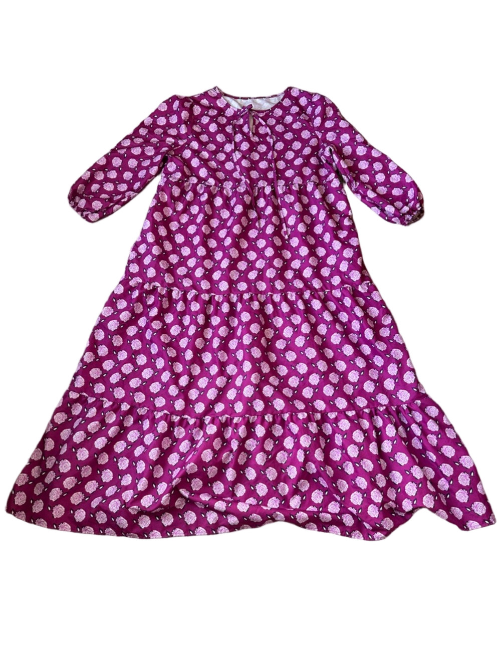Purple Pink Floral Print Dress Long Sleeve Tie Neck Fit Flare SIZE 2XL